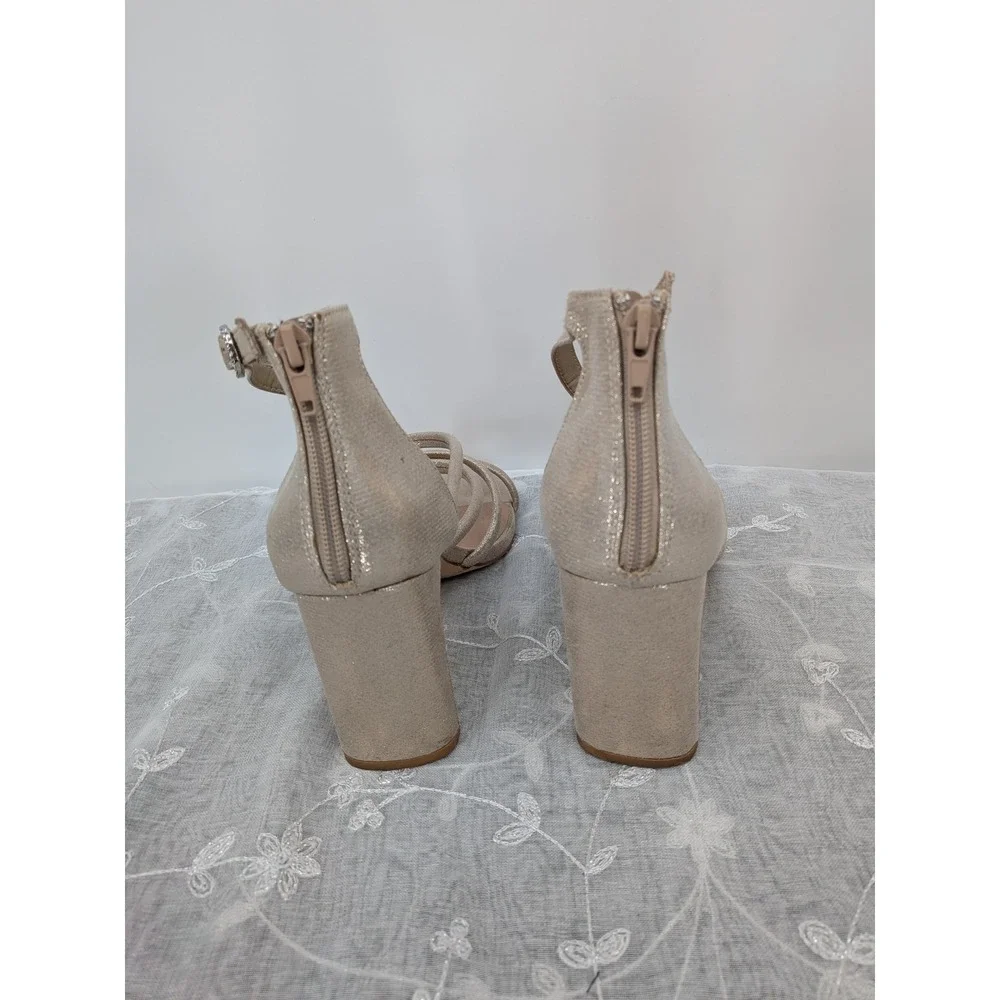 Prom Bride Champagne Gold Metallic Strappy Block Heel Square Toe 9M Jellypop